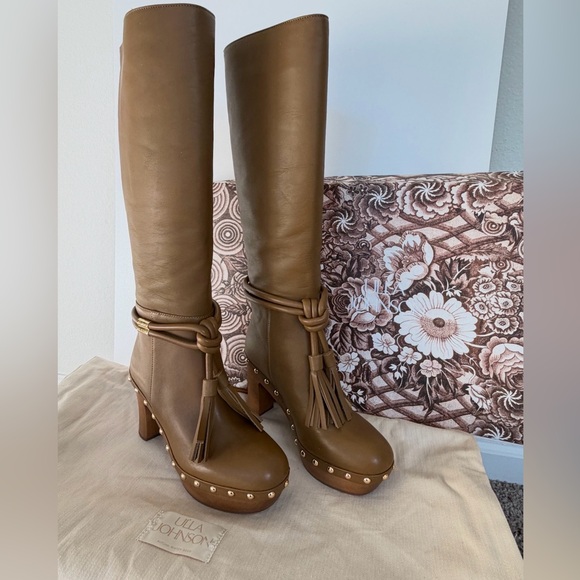 Ulla Johnson Elin Tassel Boots Leather Gold Fringe Wood Heels Sz 35 Quiet Luxury - Picture 2 of 16